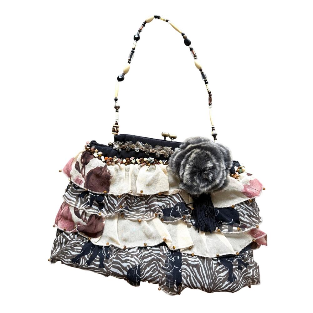 Mary Frances Animal Print Silk Ruffle Pouch Bag Purse Kisslock Elephant Zebra